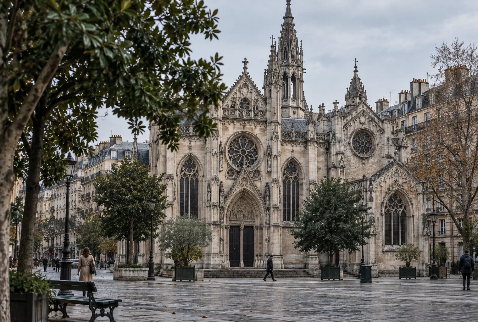 Une façade gothique domine un parvis pavé bordé d’arbres et de bancs, avec quelques passants éloignés dans un cadre urbain.