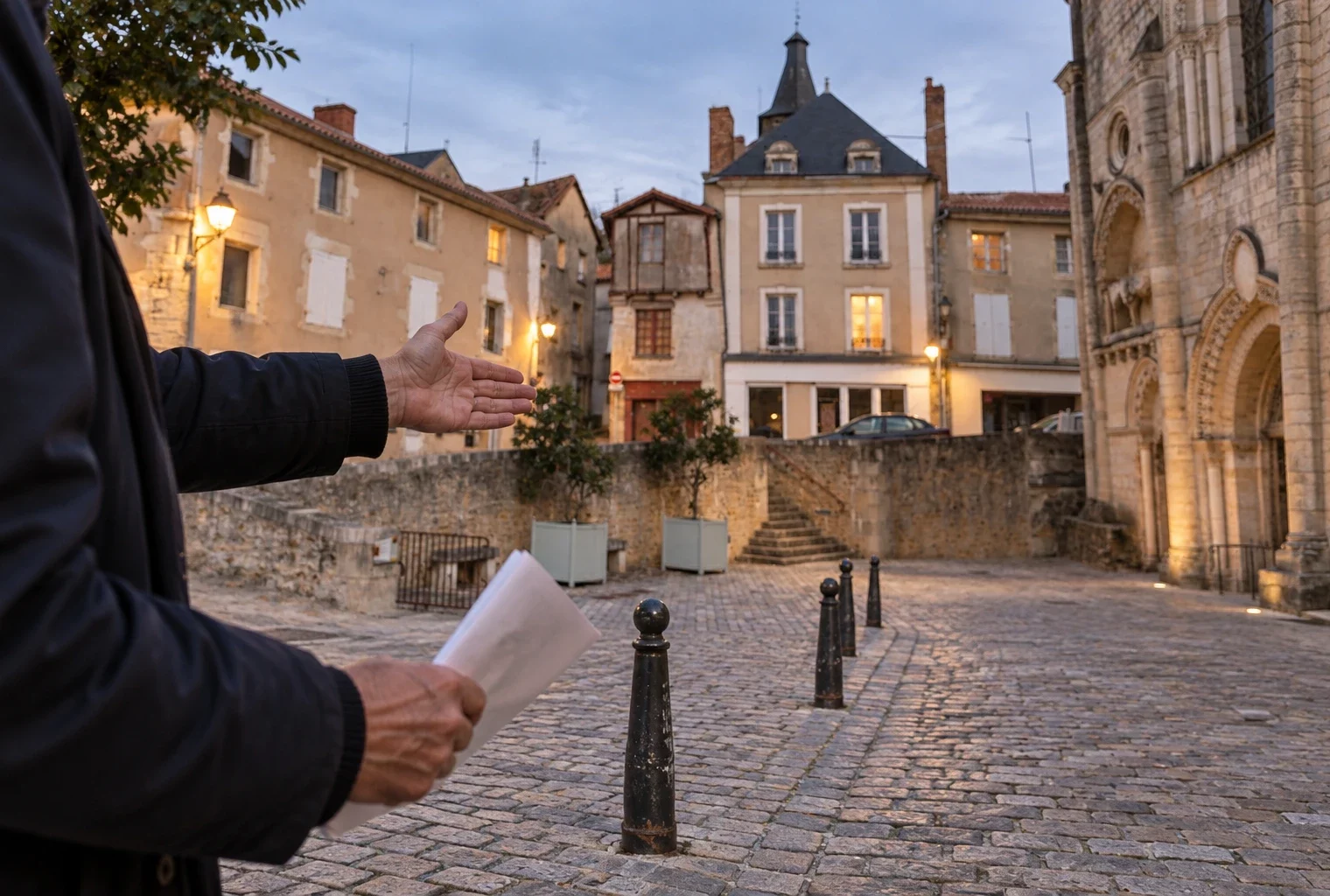 Une main indique le parcours sur le parvis pavé, entre la façade de la cathédrale et les rues anciennes du centre-ville.
