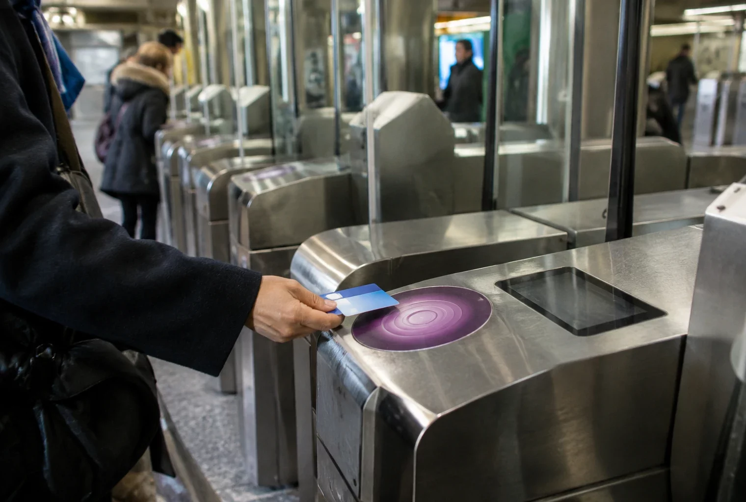 Une main présente un passe de transport au lecteur d’un portique, dans une station de métro équipée de plusieurs accès.