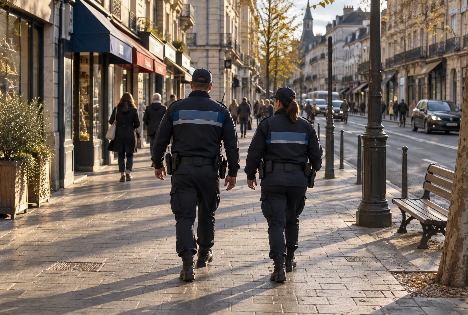 Deux policiers municipaux en patrouille à pied dans une rue de centre-ville, entre façades, commerces et passants.