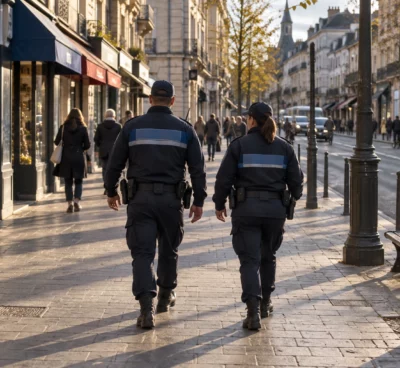 Deux policiers municipaux en patrouille à pied dans une rue de centre-ville, entre façades, commerces et passants.