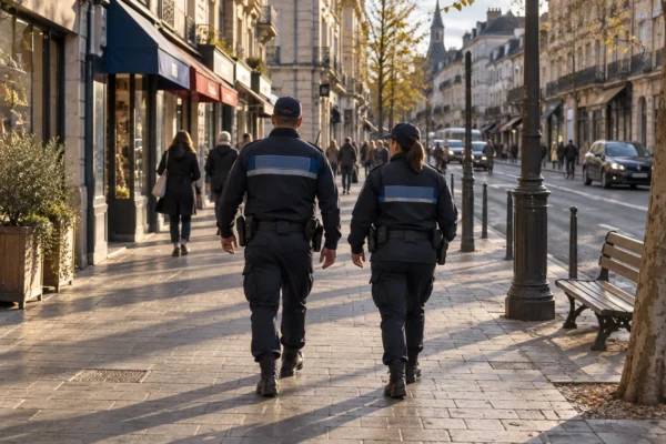 Deux policiers municipaux en patrouille à pied dans une rue de centre-ville, entre façades, commerces et passants.