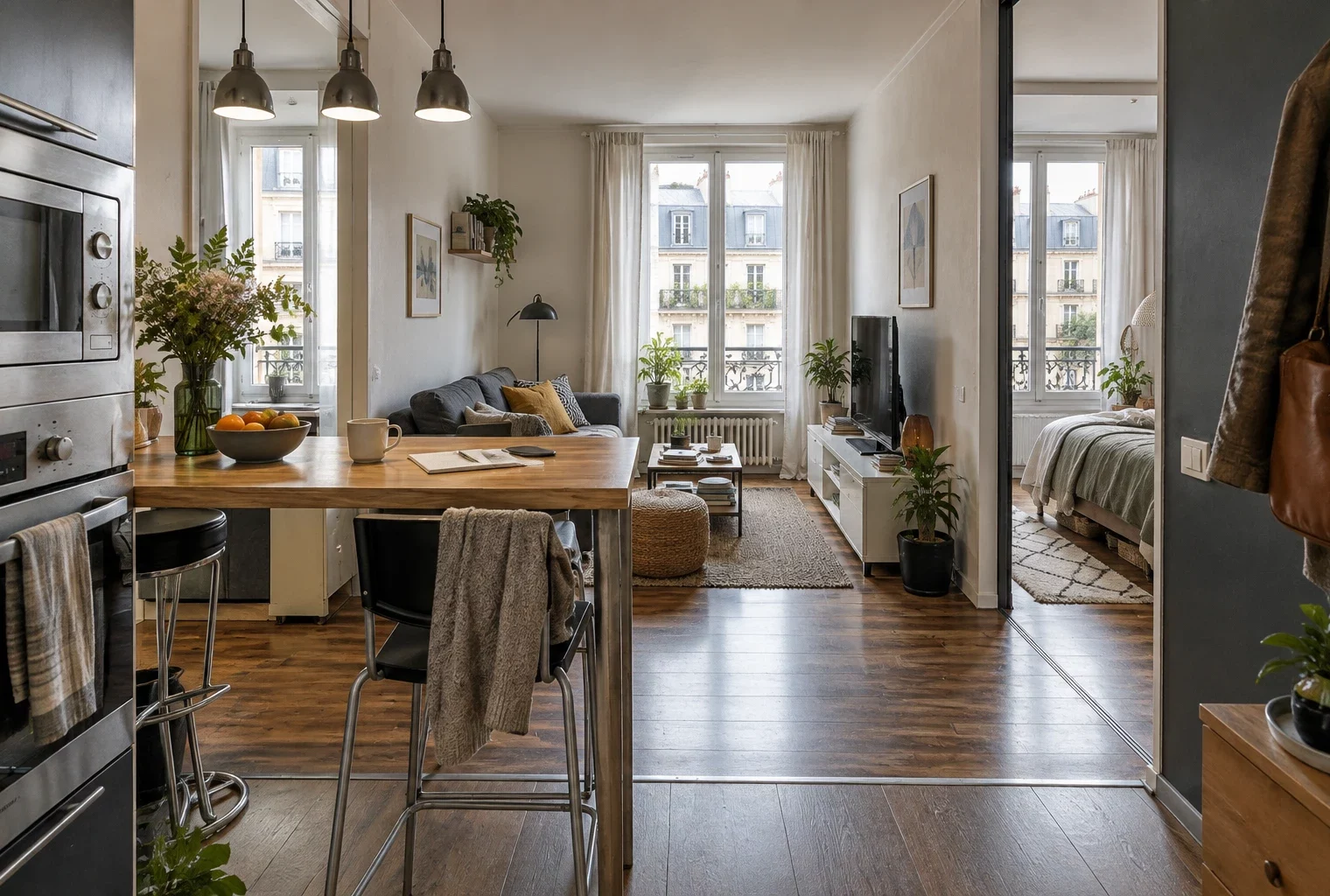 Pièce de vie compacte d’un appartement urbain, avec parquet, radiateur, fenêtre sur des immeubles et chambre attenante.
