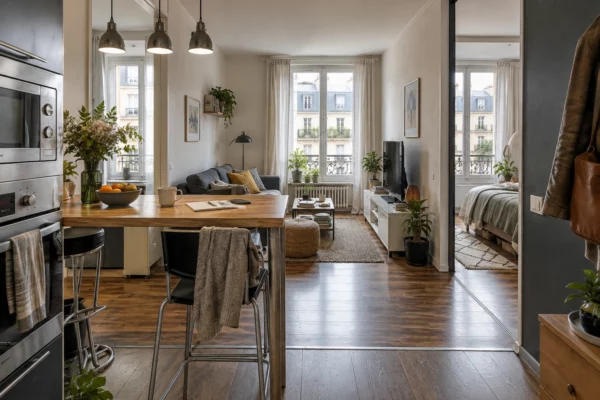 Pièce de vie compacte d’un appartement urbain, avec parquet, radiateur, fenêtre sur des immeubles et chambre attenante.