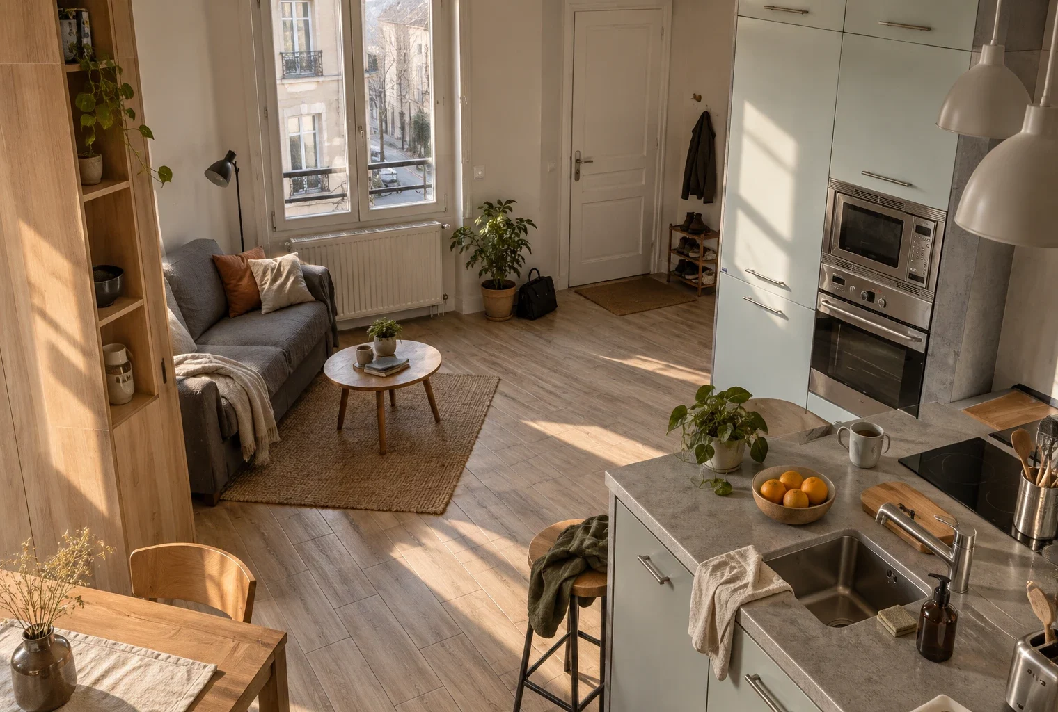 Petit logement locatif avec cuisine intégrée, radiateur visible et fenêtre ouverte sur une rue résidentielle française.
