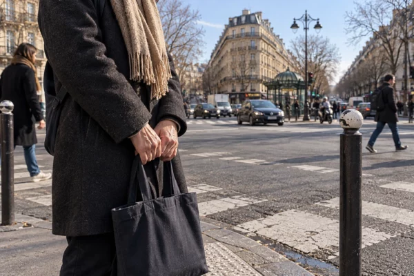 Une paire de mains près d’un passage piéton, avec les rues convergentes et les façades de la place de Clichy en arrière-plan.