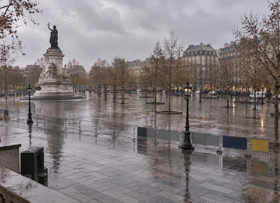 La place de la République sous la pluie, avec ses pavés mouillés, des barrières mobiles et les façades parisiennes en arrière-plan.