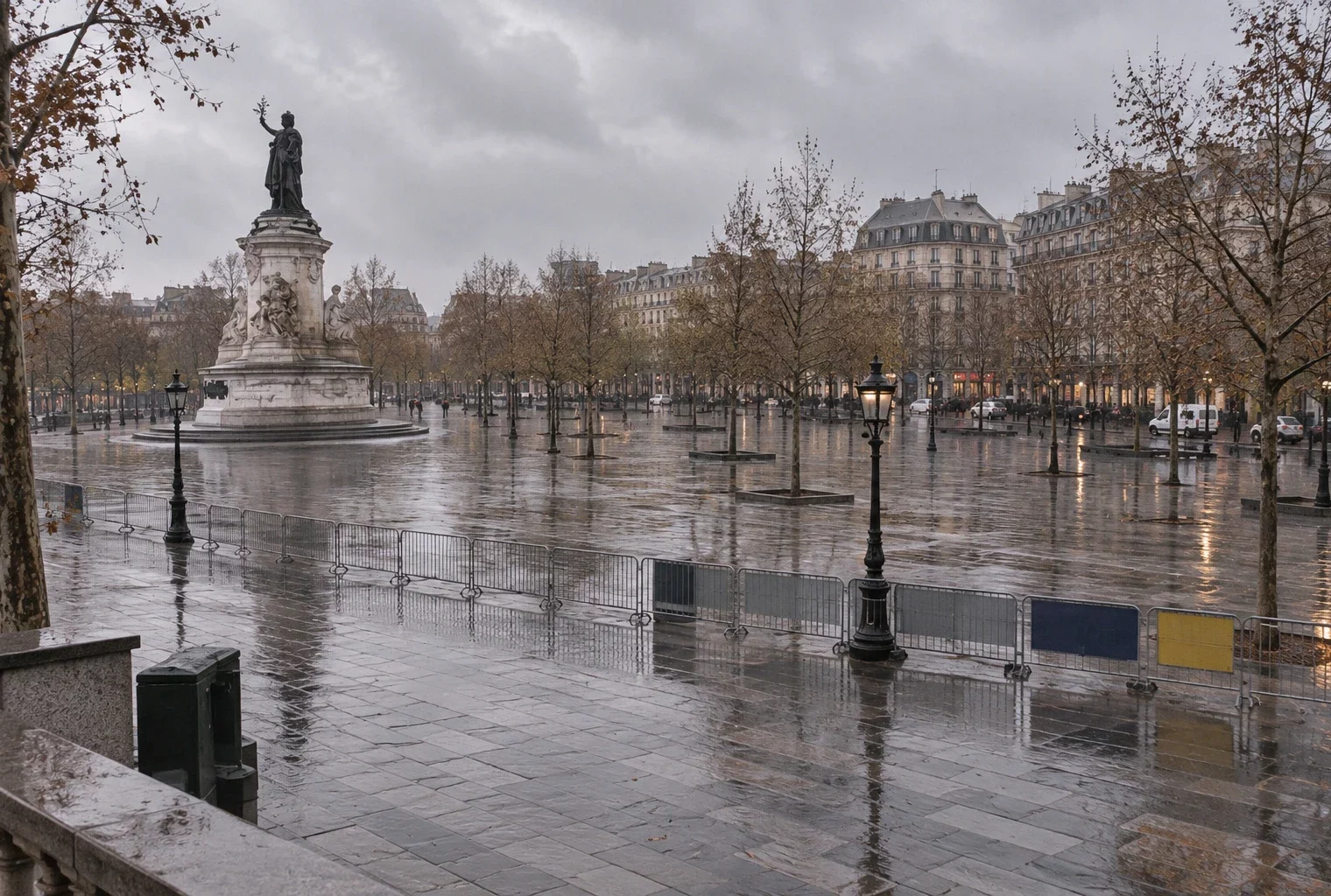 La place de la République sous la pluie, avec ses pavés mouillés, des barrières mobiles et les façades parisiennes en arrière-plan.