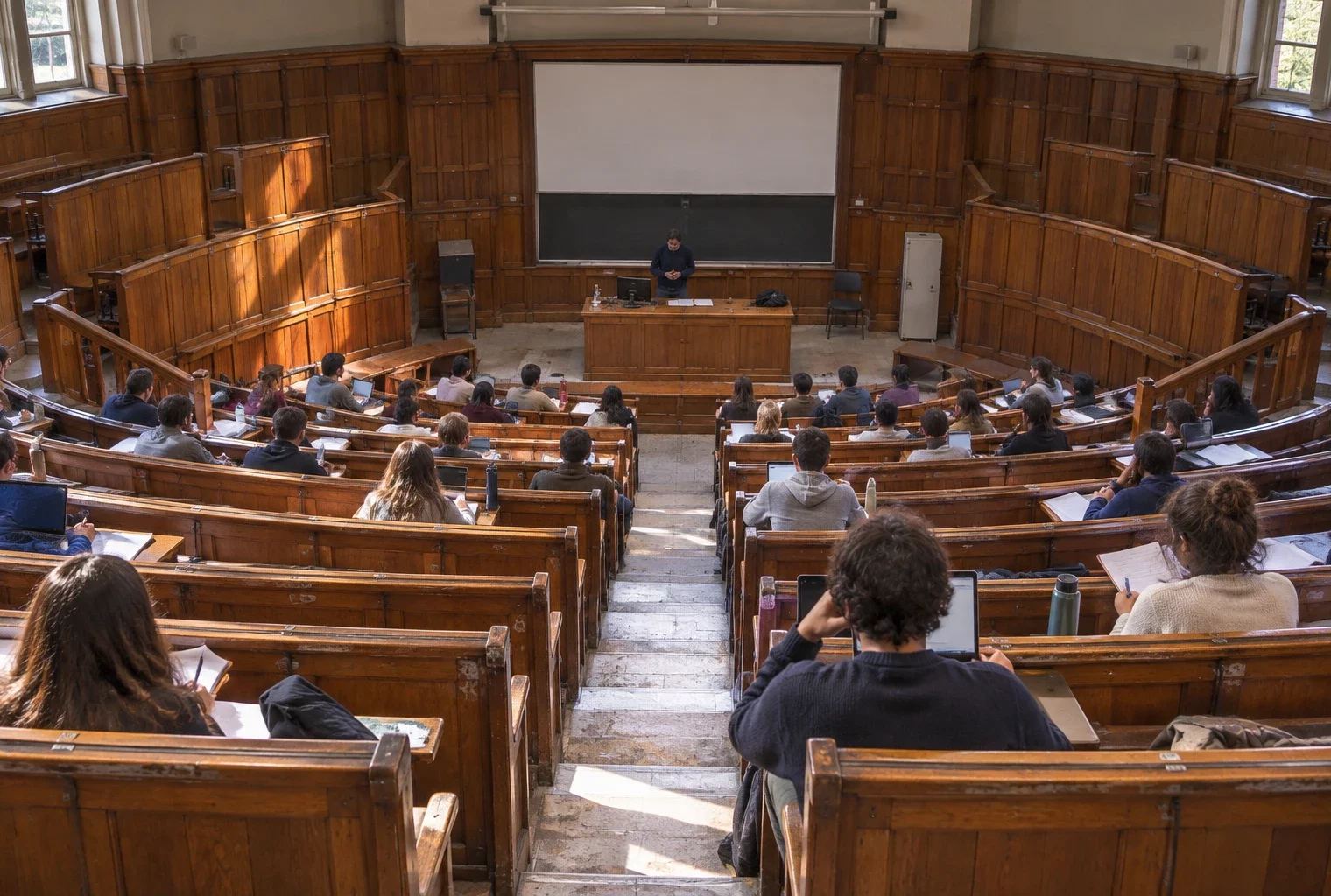 Dans un amphithéâtre universitaire aux gradins de bois usés, quelques places restent libres parmi les sièges occupés.