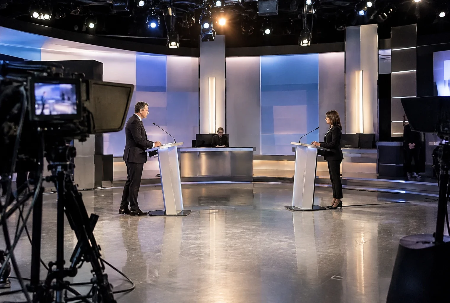 Deux pupitres équipés de micros se font face sur un plateau de débat télévisé avec du matériel technique visible.