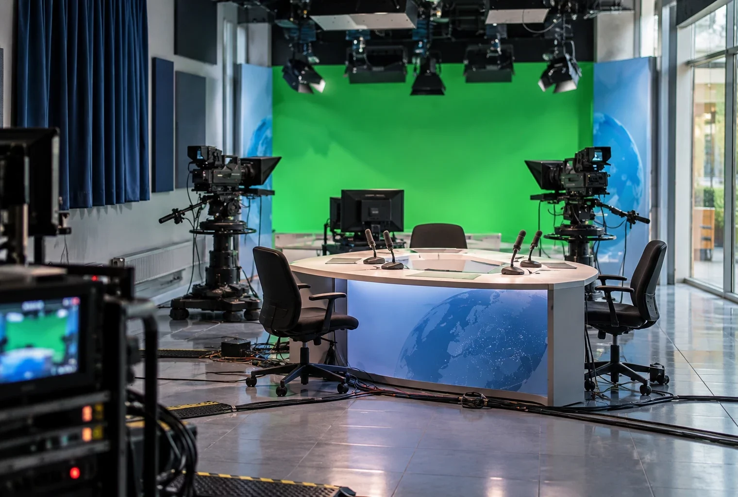 Un pupitre équipé de microphones et de câbles au premier plan d’un studio d’information, entre des caméras de plateau.
