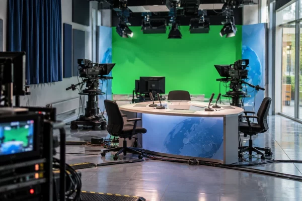 Un pupitre équipé de microphones et de câbles au premier plan d’un studio d’information, entre des caméras de plateau.