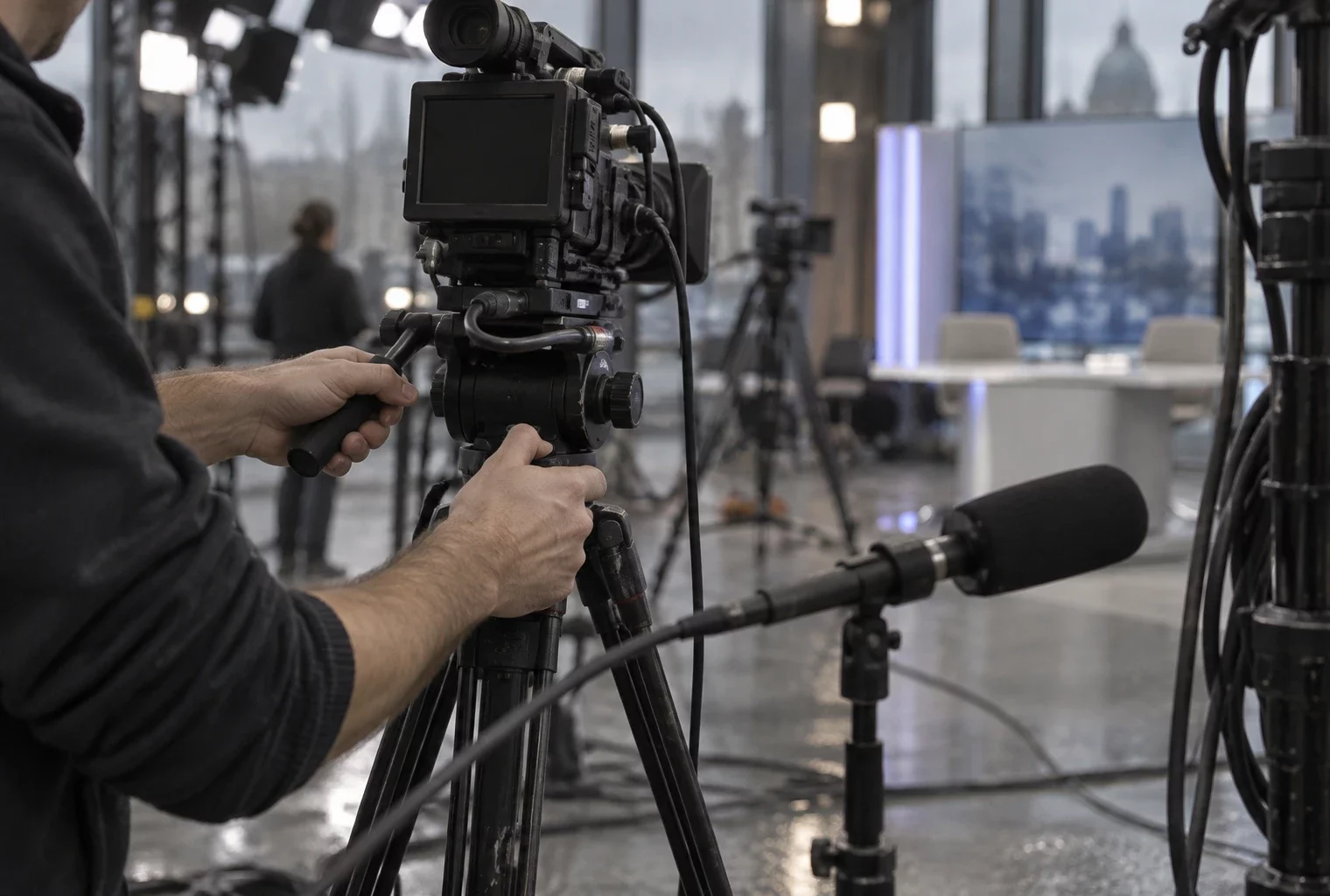 Des mains ajustent une caméra de télévision et un micro dans un studio en activité, parmi des câbles et du matériel.