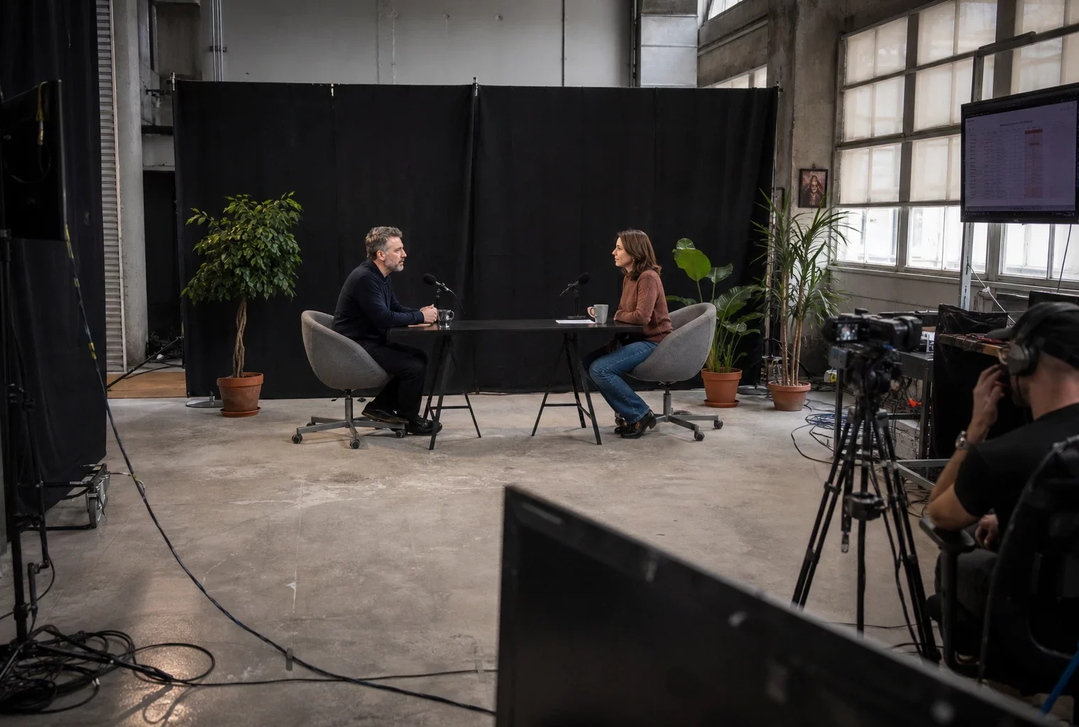 Plateau d’interview télévisée à France 2, deux fauteuils, table et micros, ambiance de studio en activité.