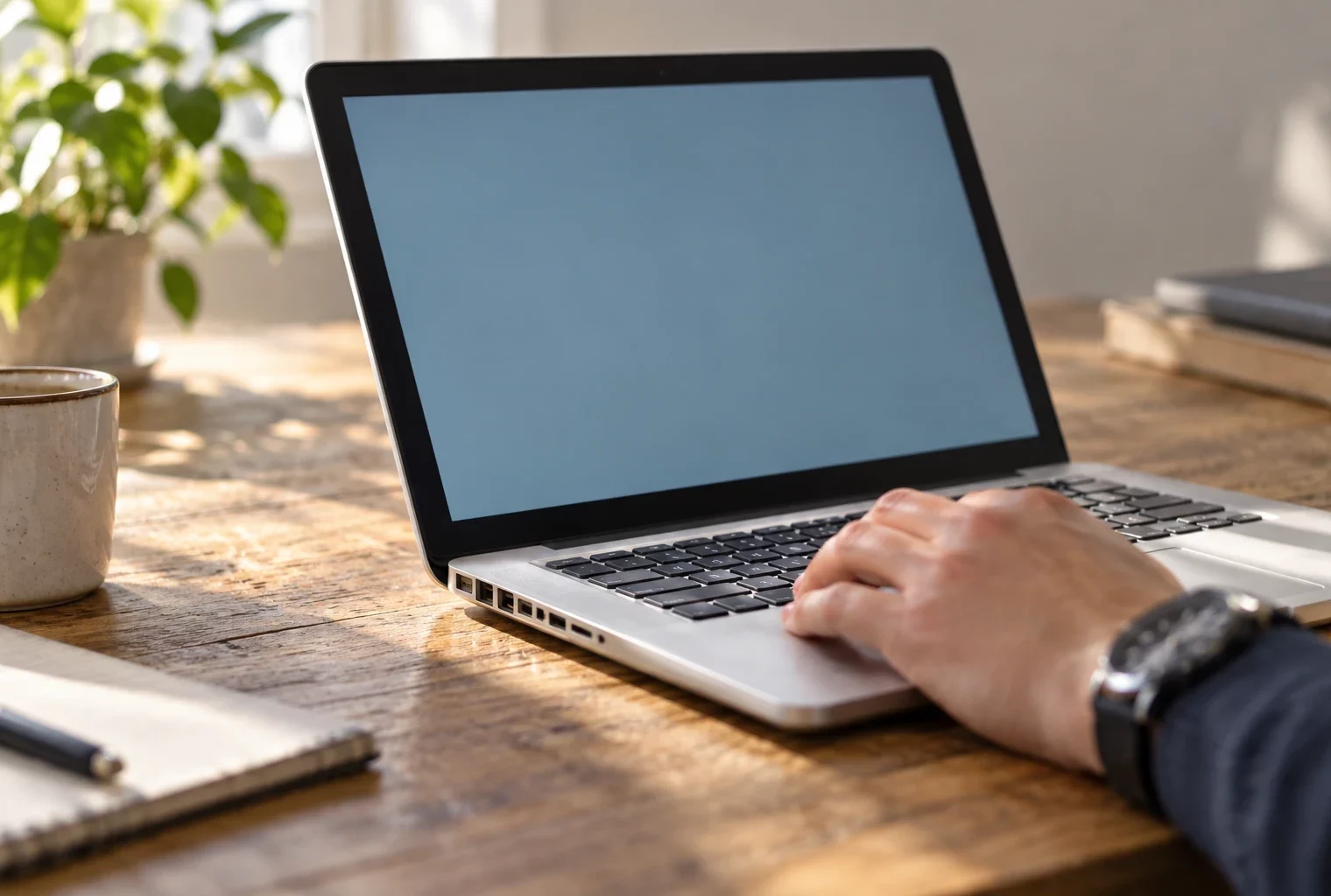 Ordinateur portable ouvert sur un bureau en bois, une main près du clavier et un écran uni dans un espace de travail sobre.