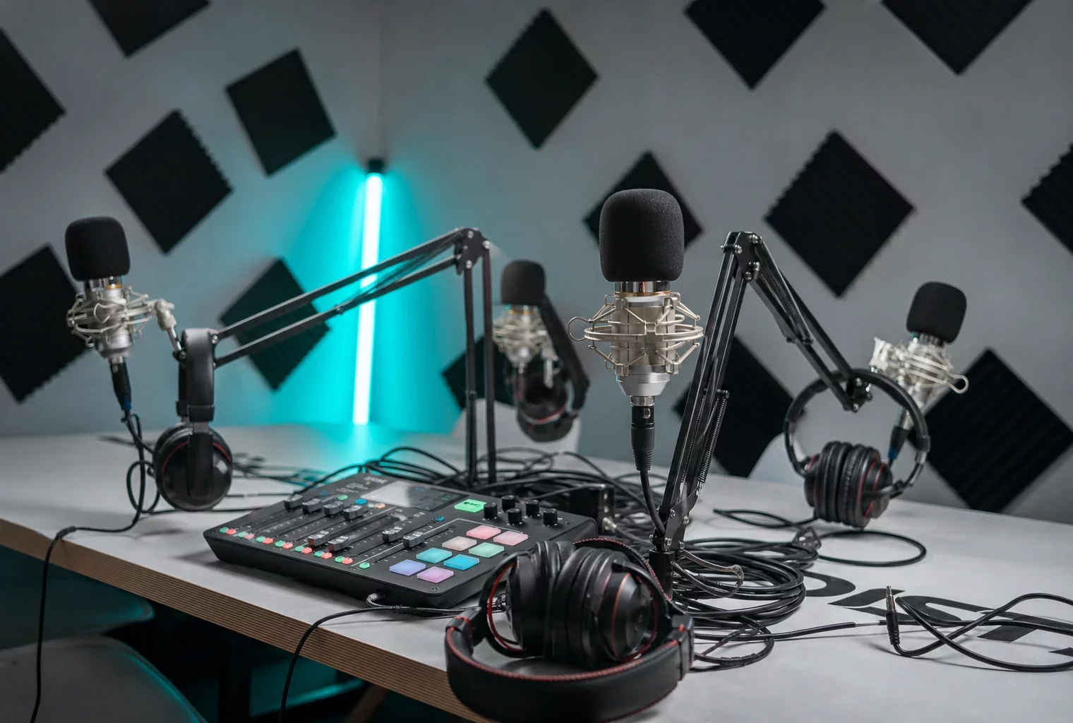 Studio de podcast avec micros sur pied, casque et table de mixage, dans une ambiance technique et utilisée.