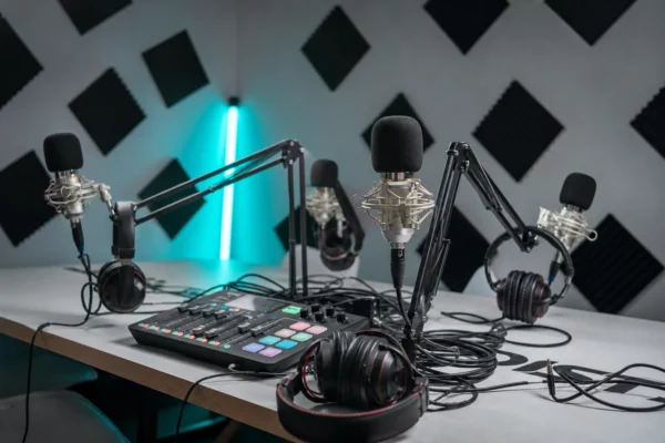 Studio de podcast avec micros sur pied, casque et table de mixage, dans une ambiance technique et utilisée.
