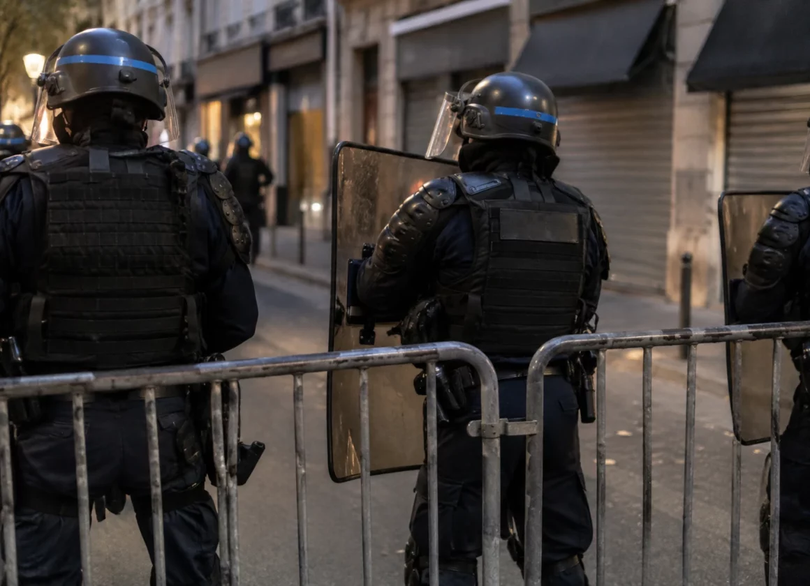 Des policiers équipés de boucliers se tiennent derrière des barrières métalliques dans une rue bordée de commerces fermés.