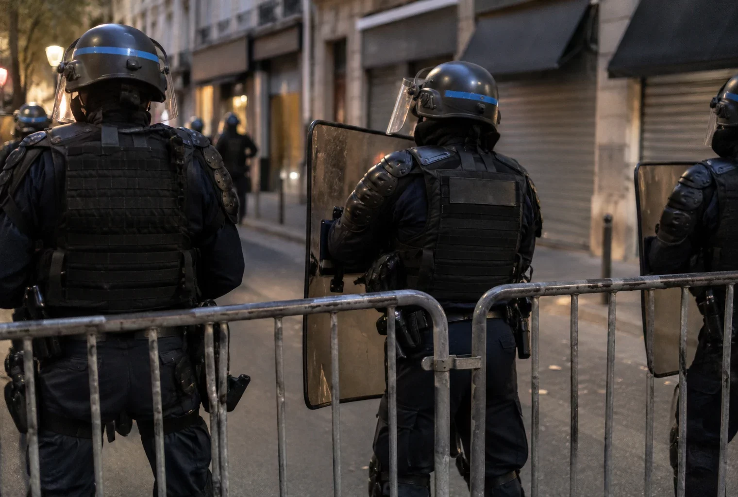 Des policiers équipés de boucliers se tiennent derrière des barrières métalliques dans une rue bordée de commerces fermés.