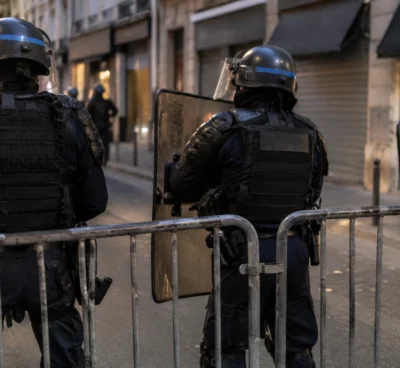 Des policiers équipés de boucliers se tiennent derrière des barrières métalliques dans une rue bordée de commerces fermés.