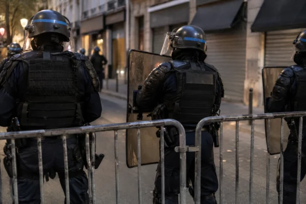 Des policiers équipés de boucliers se tiennent derrière des barrières métalliques dans une rue bordée de commerces fermés.