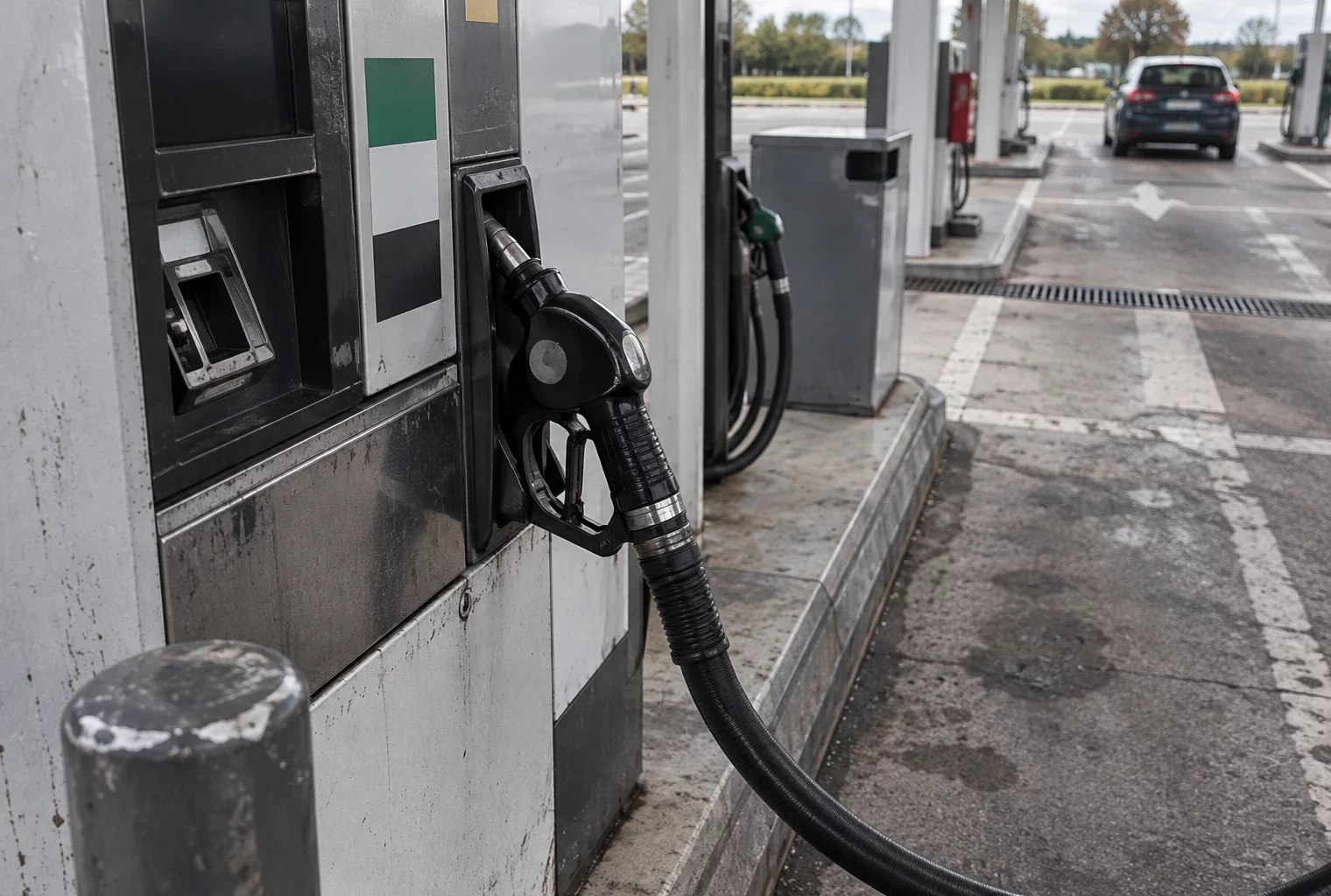 Un pistolet de carburant posé sur une pompe usée, avec son flexible et d’autres pompes visibles sur la piste.