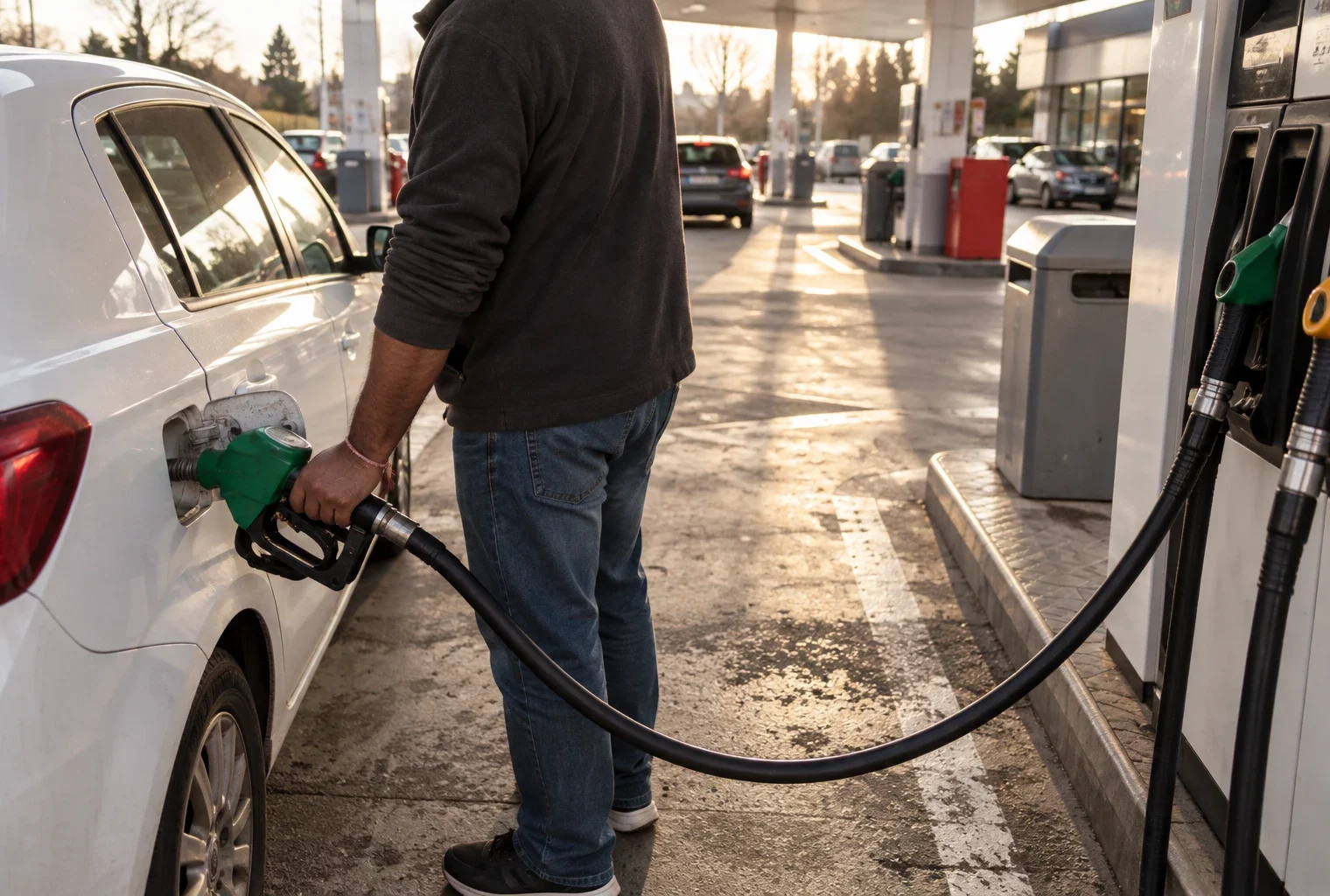 Une pompe à carburant et son pistolet ravitaillent une voiture sur une aire de station-service, sous un soleil bas d’hiver.