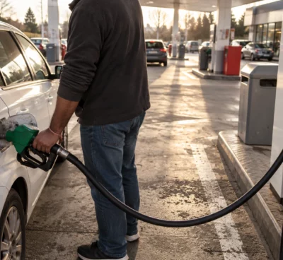 Une pompe à carburant et son pistolet ravitaillent une voiture sur une aire de station-service, sous un soleil bas d’hiver.