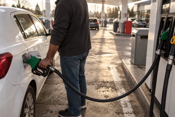 Une pompe à carburant et son pistolet ravitaillent une voiture sur une aire de station-service, sous un soleil bas d’hiver.