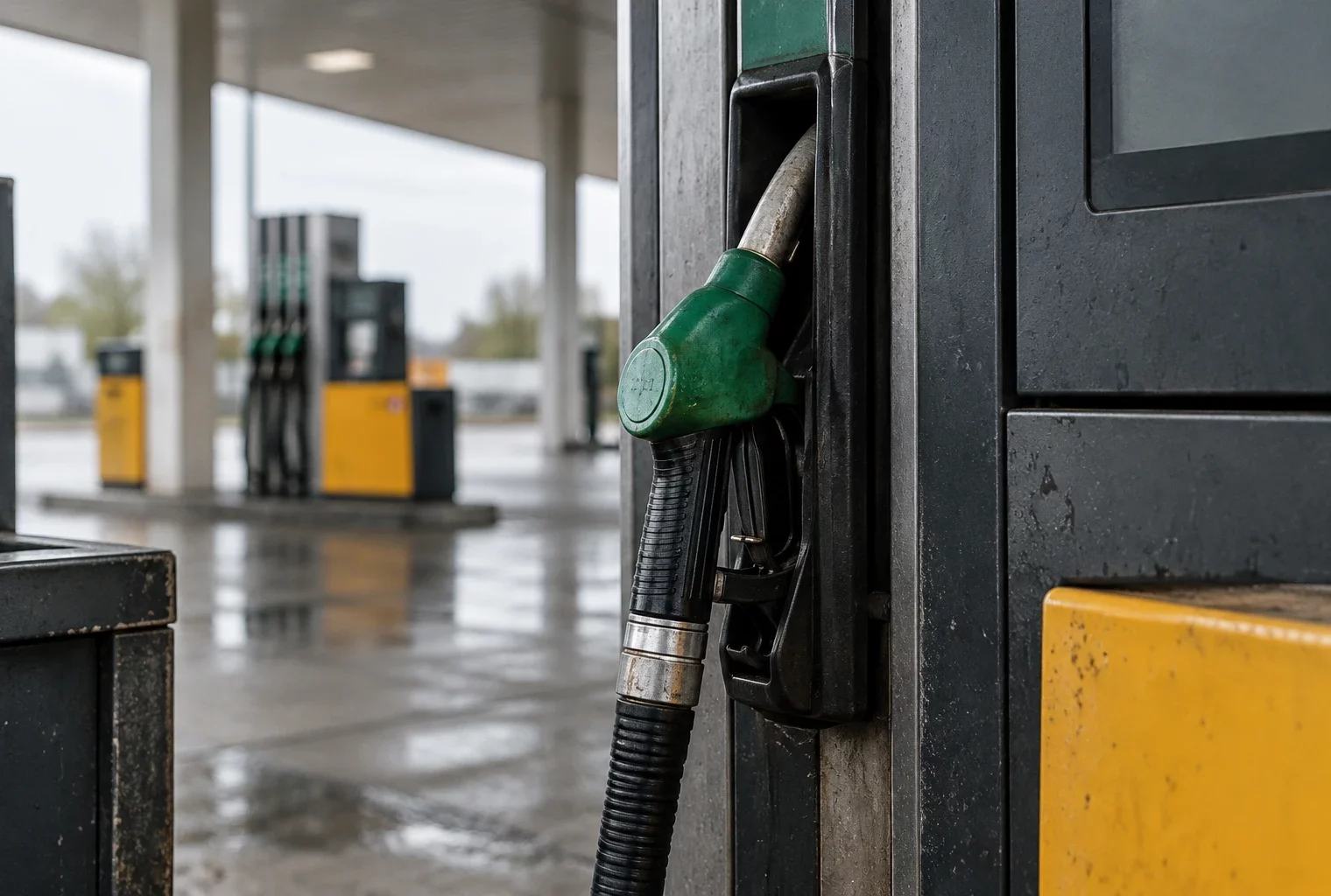 Pistolet de carburant replacé sur une pompe, avec d’autres pompes et l’auvent d’une station-service en arrière-plan.