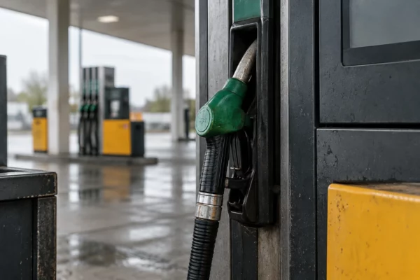 Pistolet de carburant replacé sur une pompe, avec d’autres pompes et l’auvent d’une station-service en arrière-plan.