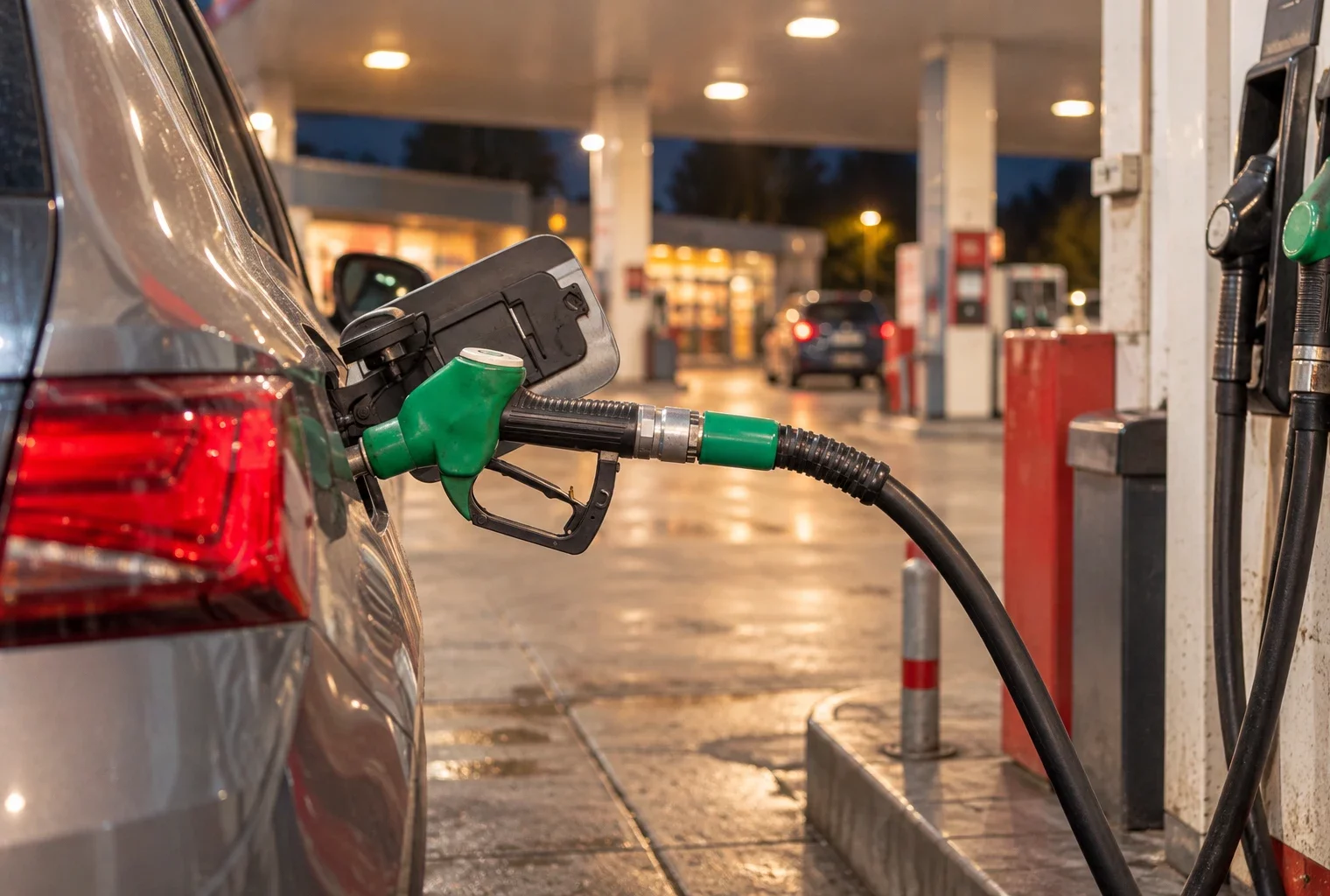 Pistolet de carburant près du réservoir d’une voiture, dans une station-service dont les pompes se fondent en arrière-plan.