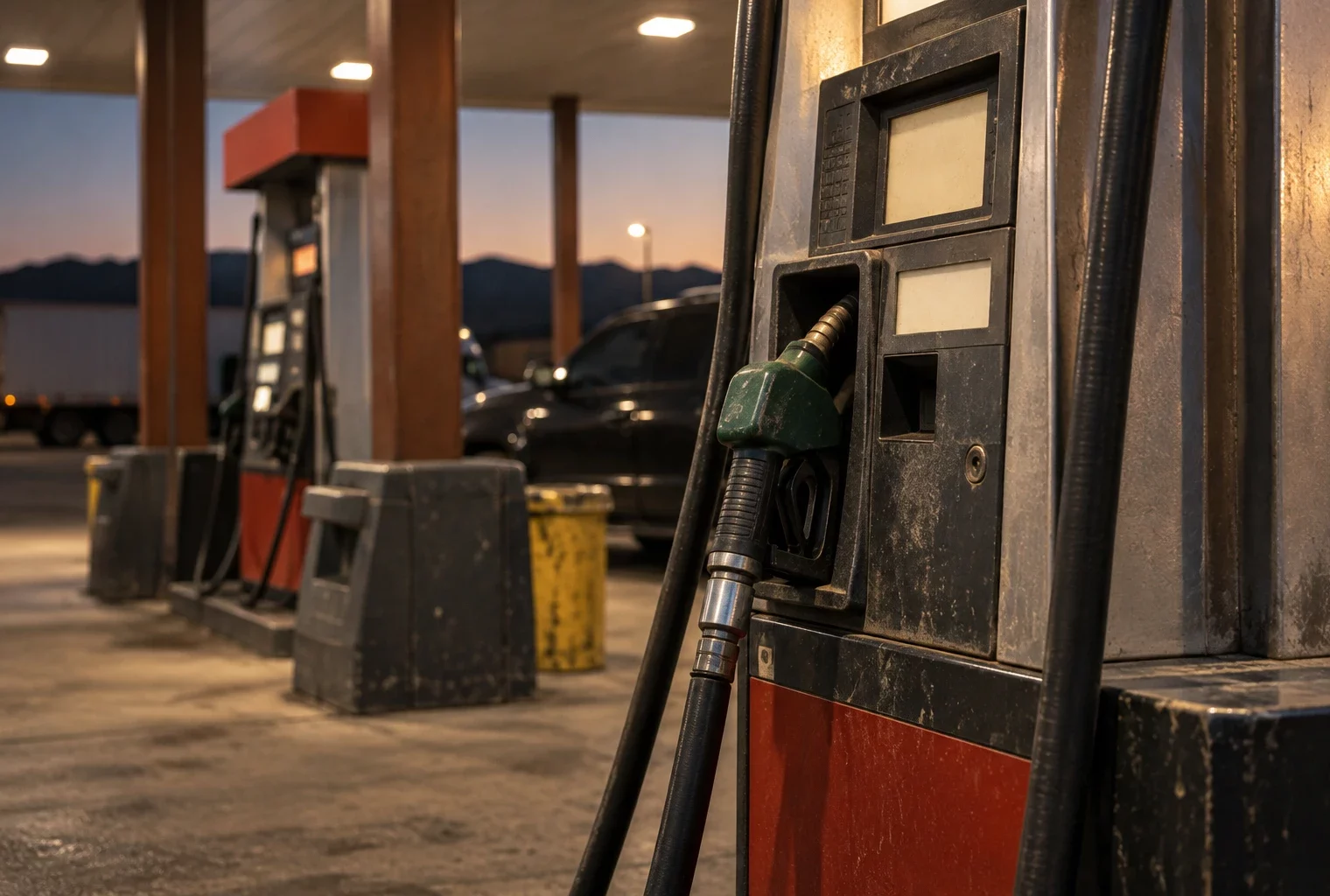 Pistolet de diesel replacé sur une pompe usée, avec son flexible au premier plan et une voiture arrêtée près des pompes voisines.