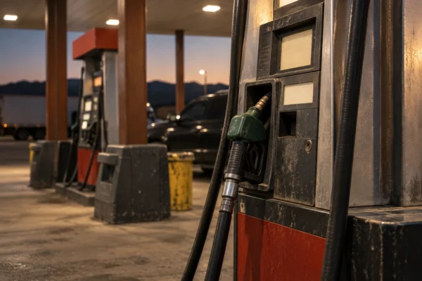 Pistolet de diesel replacé sur une pompe usée, avec son flexible au premier plan et une voiture arrêtée près des pompes voisines.