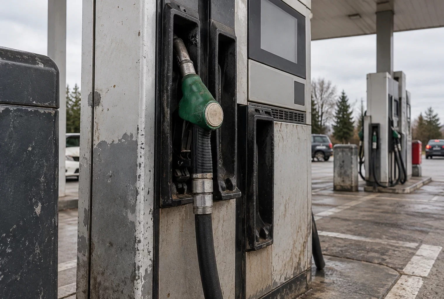 Un pistolet de gazole dans une pompe usée, avec d’autres pompes et la piste d’une station-service en arrière-plan.