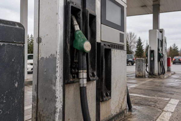 Un pistolet de gazole dans une pompe usée, avec d’autres pompes et la piste d’une station-service en arrière-plan.