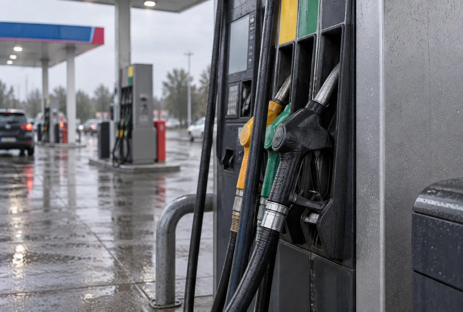 Un pistolet noir de gazole dans son support, au premier plan d’une station-service française sous la pluie.