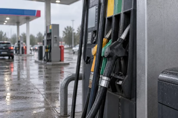 Un pistolet noir de gazole dans son support, au premier plan d’une station-service française sous la pluie.
