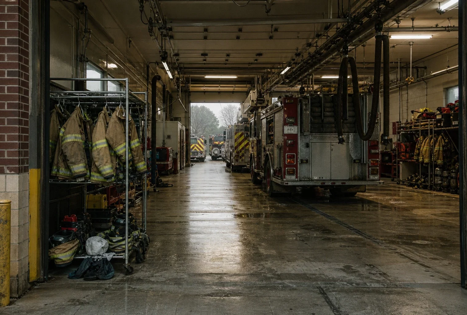 Camions de pompiers et matériel de secours alignés dans un hangar humide, sous une lumière grise et pluvieuse.