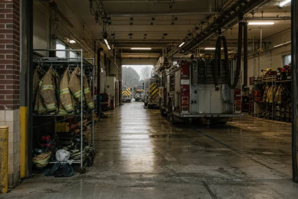 Camions de pompiers et matériel de secours alignés dans un hangar humide, sous une lumière grise et pluvieuse.