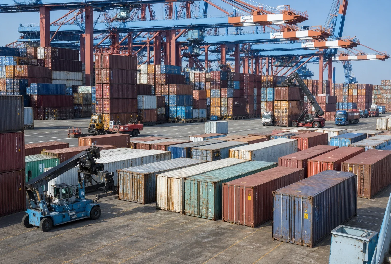Vue plongeante d’un terminal portuaire français avec rangées de conteneurs, portiques de chargement et engins au travail.