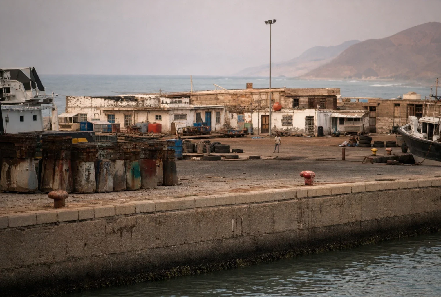 Quais en béton du port de Mokha, bollards usés, embarcations de travail et bâtiments bas face à la mer Rouge.