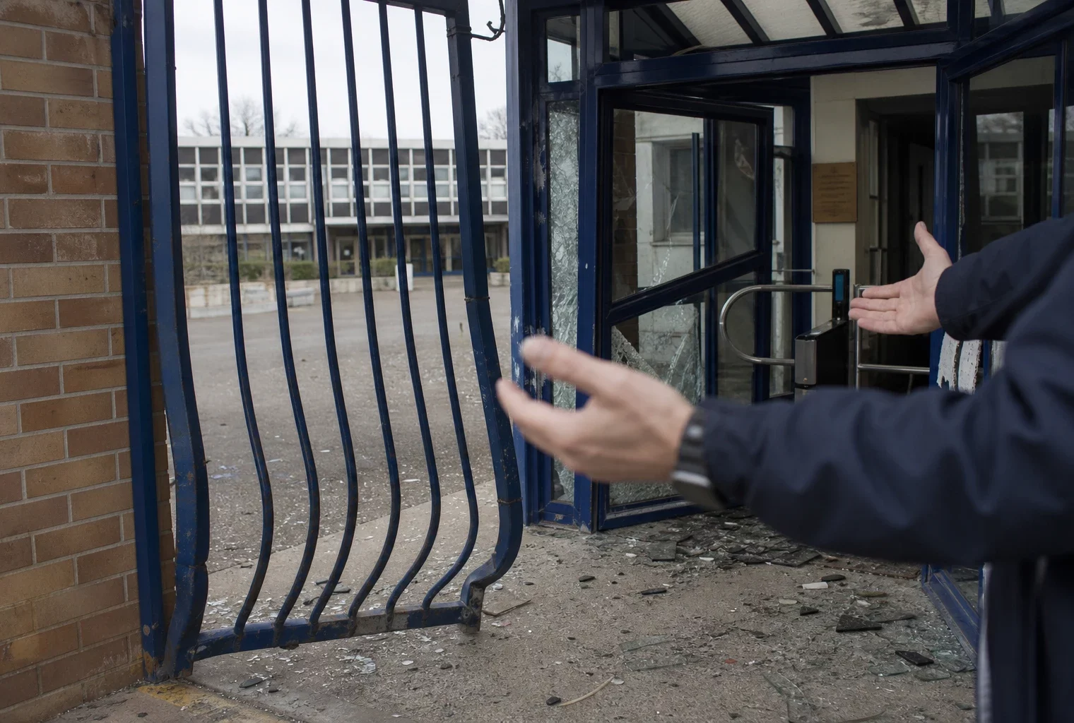 Portail et sas d’entrée d’un lycée endommagés après des dégradations, avec des débris au sol.