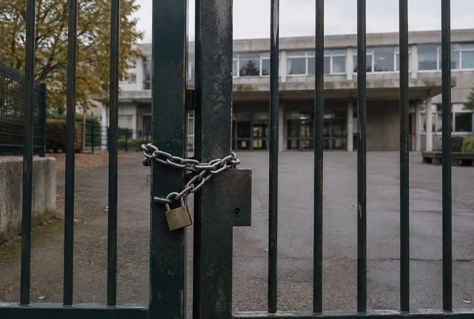 Portail métallique fermé à l’entrée d’un lycée, avec le bâtiment scolaire visible derrière les grilles.