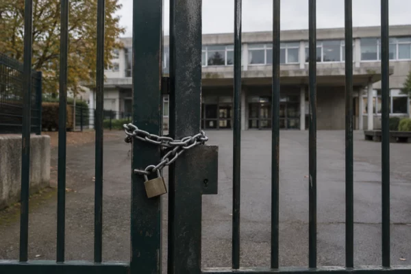 Portail métallique fermé à l’entrée d’un lycée, avec le bâtiment scolaire visible derrière les grilles.