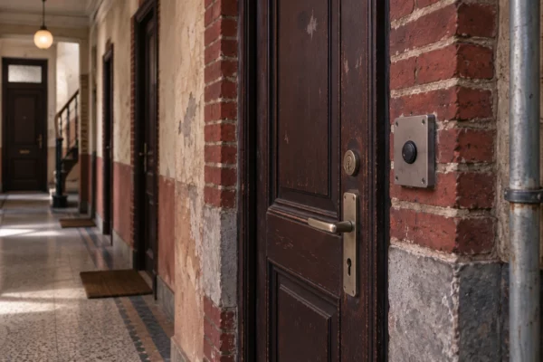 Une porte palière fermée et sa serrure dans un couloir d’immeuble sobre, entre briques usées et plâtre patiné.