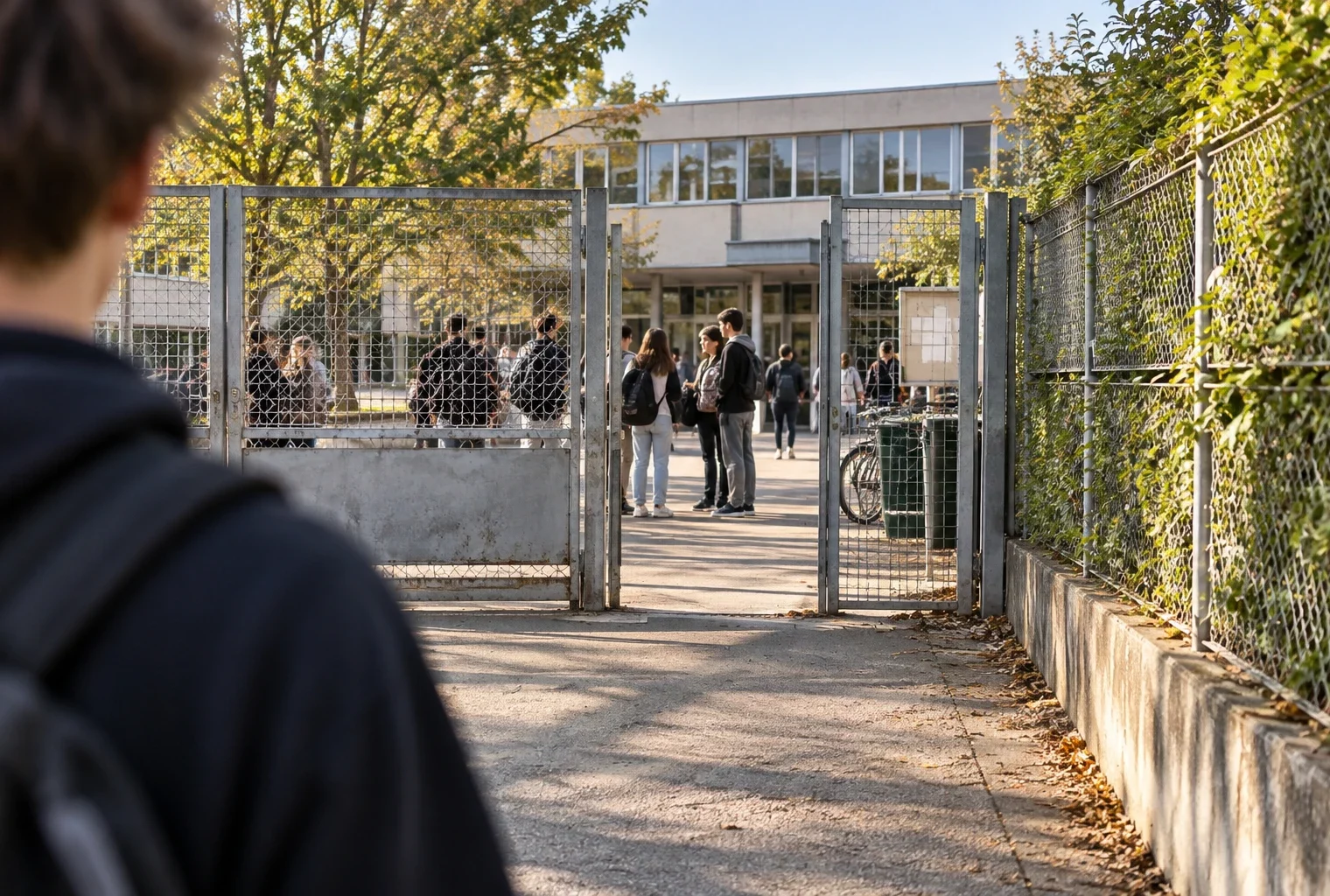 Un portillon métallique ouvre sur la cour d’un lycée public, tandis qu’une chaîne d’élèves se tient derrière la grille.