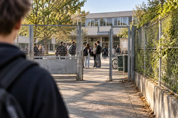 Un portillon métallique ouvre sur la cour d’un lycée public, tandis qu’une chaîne d’élèves se tient derrière la grille.