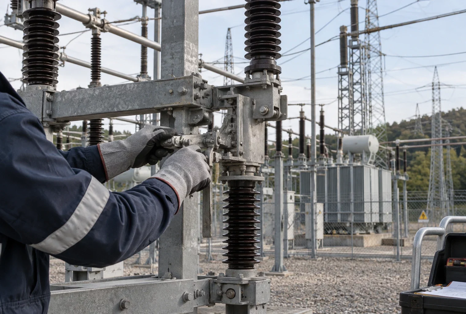 Gros plan sur les mains d’un technicien inspectant un appareillage électrique, avec transformateurs, isolateurs et lignes en arrière-plan.