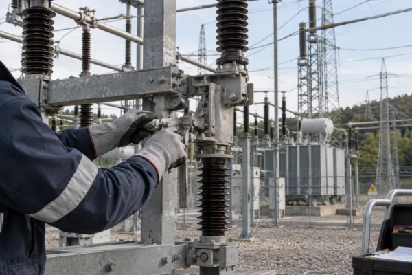 Gros plan sur les mains d’un technicien inspectant un appareillage électrique, avec transformateurs, isolateurs et lignes en arrière-plan.